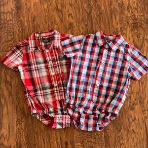 2 plaid wrangler button up onesies